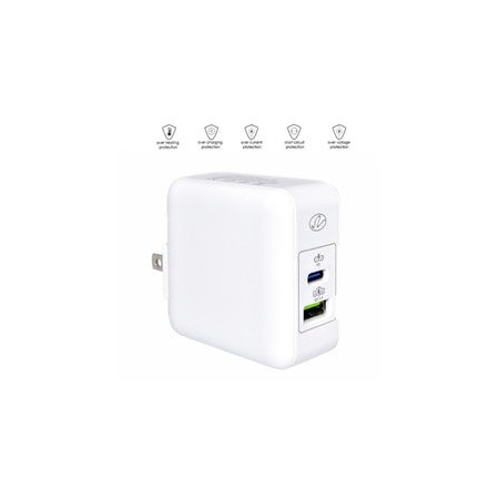 Cable Wholesale 2 Port USB Wall Travel Charger, USB C w/ USB PD 3.1A, USB A /w QC3 3.1A, 36W, White 90W1-41000WH